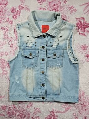 Red Tulips Girls' Light‎ Blue Distressed Denim Vest with Skull and Star Studs